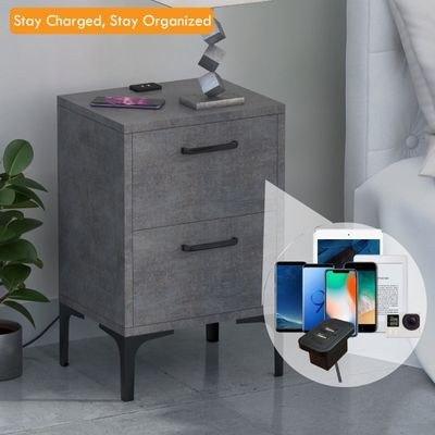 Mahmayi Modern Night Stand, Side End Table with Attached BS02 USB Charger Port and 2 Storage Drawers - Metal Fabric Anthracite - Image 2