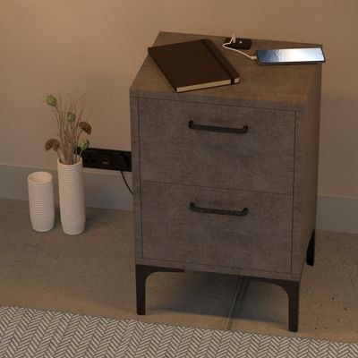 Mahmayi Modern Night Stand, Side End Table with Attached BS02 USB Charger Port and 2 Storage Drawers - Metal Fabric Anthracite - Image 3