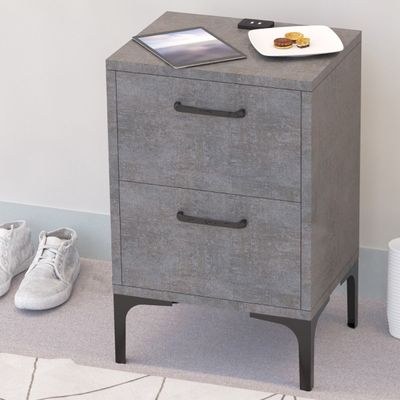 Mahmayi Modern Night Stand, Side End Table with Attached BS02 USB Charger Port and 2 Storage Drawers - Metal Fabric Anthracite - Image 4