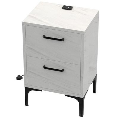 Mahmayi Modern Night Stand, Side End Table with Attached BS02 USB Charger Port and 2 Storage Drawers - White Levento Marble