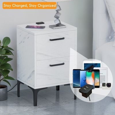 Mahmayi Modern Night Stand, Side End Table with Attached BS02 USB Charger Port and 2 Storage Drawers - White Levento Marble - Image 2