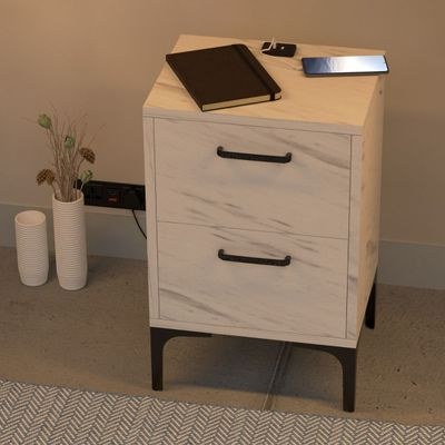 Mahmayi Modern Night Stand, Side End Table with Attached BS02 USB Charger Port and 2 Storage Drawers - White Levento Marble - Image 3