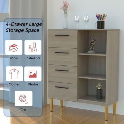 Mahmayi Modern Wooden Chest of Drawer with 4 Drawers and 3 Open Storage Shelf Cabinet for Living Room, Bedroom, Home Office, Entryway - Beige Grey Lorenzo Oak - Image 3