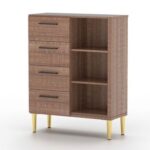 Mahmayi Modern Wooden Chest of Drawer with 4 Drawers and 3 Open Storage Shelf Cabinet for Living Room, Bedroom, Home Office, Entryway - Brown Arizona Oak