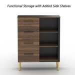 Mahmayi Modern Wooden Chest of Drawer with 4 Drawers and 3 Open Storage Shelf Cabinet for Living Room, Bedroom, Home Office, Entryway - Dark Hunton Oak and Black