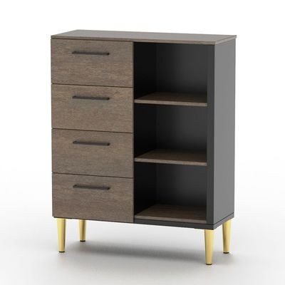 Mahmayi Modern Wooden Chest of Drawer with 4 Drawers and 3 Open Storage Shelf Cabinet for Living Room, Bedroom, Home Office, Entryway - Ferro Bronze Board and Black - Image 2