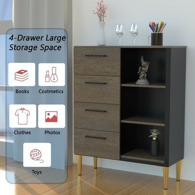Mahmayi Modern Wooden Chest of Drawer with 4 Drawers and 3 Open Storage Shelf Cabinet for Living Room, Bedroom, Home Office, Entryway - Ferro Bronze Board and Black - Image 3