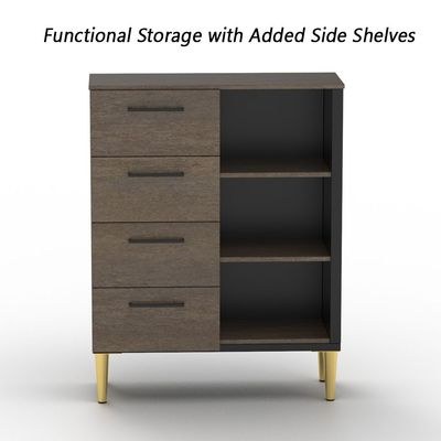 Mahmayi Modern Wooden Chest of Drawer with 4 Drawers and 3 Open Storage Shelf Cabinet for Living Room, Bedroom, Home Office, Entryway - Ferro Bronze Board and Black - Image 4