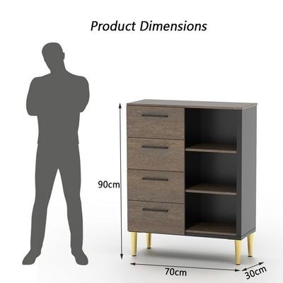 Mahmayi Modern Wooden Chest of Drawer with 4 Drawers and 3 Open Storage Shelf Cabinet for Living Room, Bedroom, Home Office, Entryway - Ferro Bronze Board and Black - Image 5