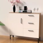 Mahmayi Modern Wooden Chest of Drawer with 3 Drawers and 1 Door Storage Shelf Cabinet for Living Room, Bedroom, Home Office, Entryway - Brown Kansas Oak and White