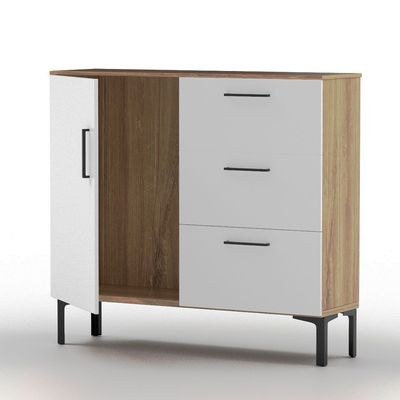 Mahmayi Modern Wooden Chest of Drawer with 3 Drawers and 1 Door Storage Shelf Cabinet for Living Room, Bedroom, Home Office, Entryway - Brown Kansas Oak and White - Image 2