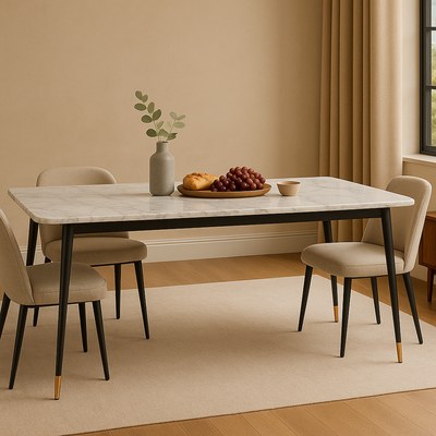 Villoso Modern Rectangular Marble Top Breakfast Dining Table with Black Iron Legs and Gold Corner Accents - Image 3