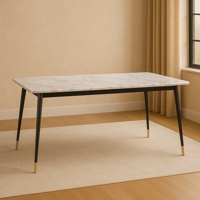 Villoso Modern Rectangular Marble Top Breakfast Dining Table with Black Iron Legs and Gold Corner Accents - Image 4