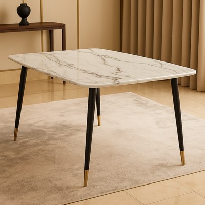 Villoso Modern Rectangular Marble Top Breakfast Dining Table with Black Iron Legs and Gold Corner Accents - Image 5