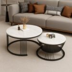 Marvello Duo Round Marble Top Coffee Table Set with Black Iron Frame – Modern Luxury Nesting Design for Living Room Décor
