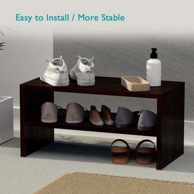 Mahmayi 2-Tier Stackable Shoe Rack, Wooden 2-Shelf Shoe Shoes Organizer Storage Shelf for Entryway Hallway Bathroom and Living Room - Dark Walnut - Image 4