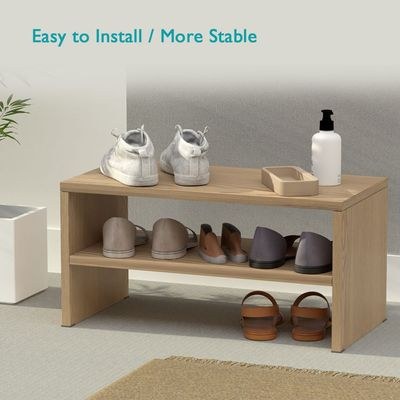 Mahmayi 2-Tier Stackable Shoe Rack, Wooden 2-Shelf Shoe Shoes Organizer Storage Shelf for Entryway Hallway Bathroom and Living Room - Light Imperia - Image 4