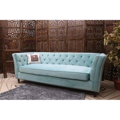 Designer Velvet Rolled Arm Chesterfield Sofa (3 Seater Sky Blue) - Image 2