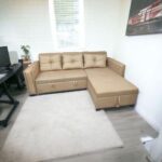 Canape L-Shape Solid Wood Sofa Bed with 3 Cushions ( Beige )
