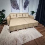 Canape L-Shape Solid Wood Sofa Bed with 3 Cushions ( Beige )