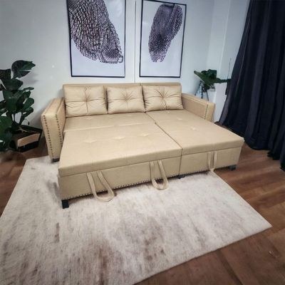 Canape L-Shape Solid Wood Sofa Bed with 3 Cushions ( Beige ) - Image 3