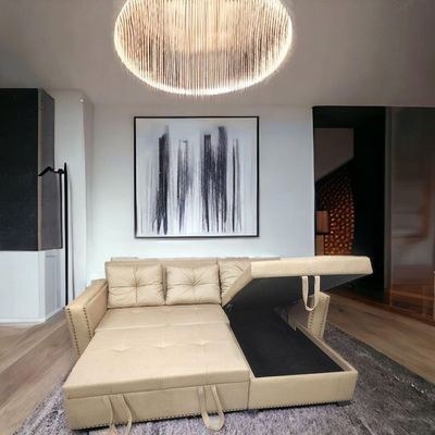 Canape L-Shape Solid Wood Sofa Bed with 3 Cushions ( Beige ) - Image 4