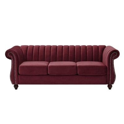 Designer Velvet Rolled Arm Chesterfield Sofa (3 Seater) - Image 2