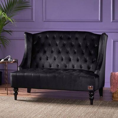 Wooden Recessed Arm Loveseat Bench (2 Seater, Black)