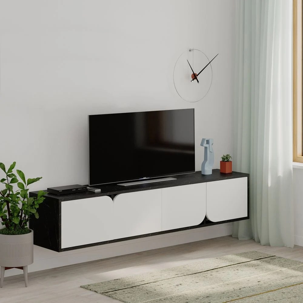 Mourah Spark Tv Stand Up To 70 Inches With Storage - Black Marble/White - 2 Years Warranty
