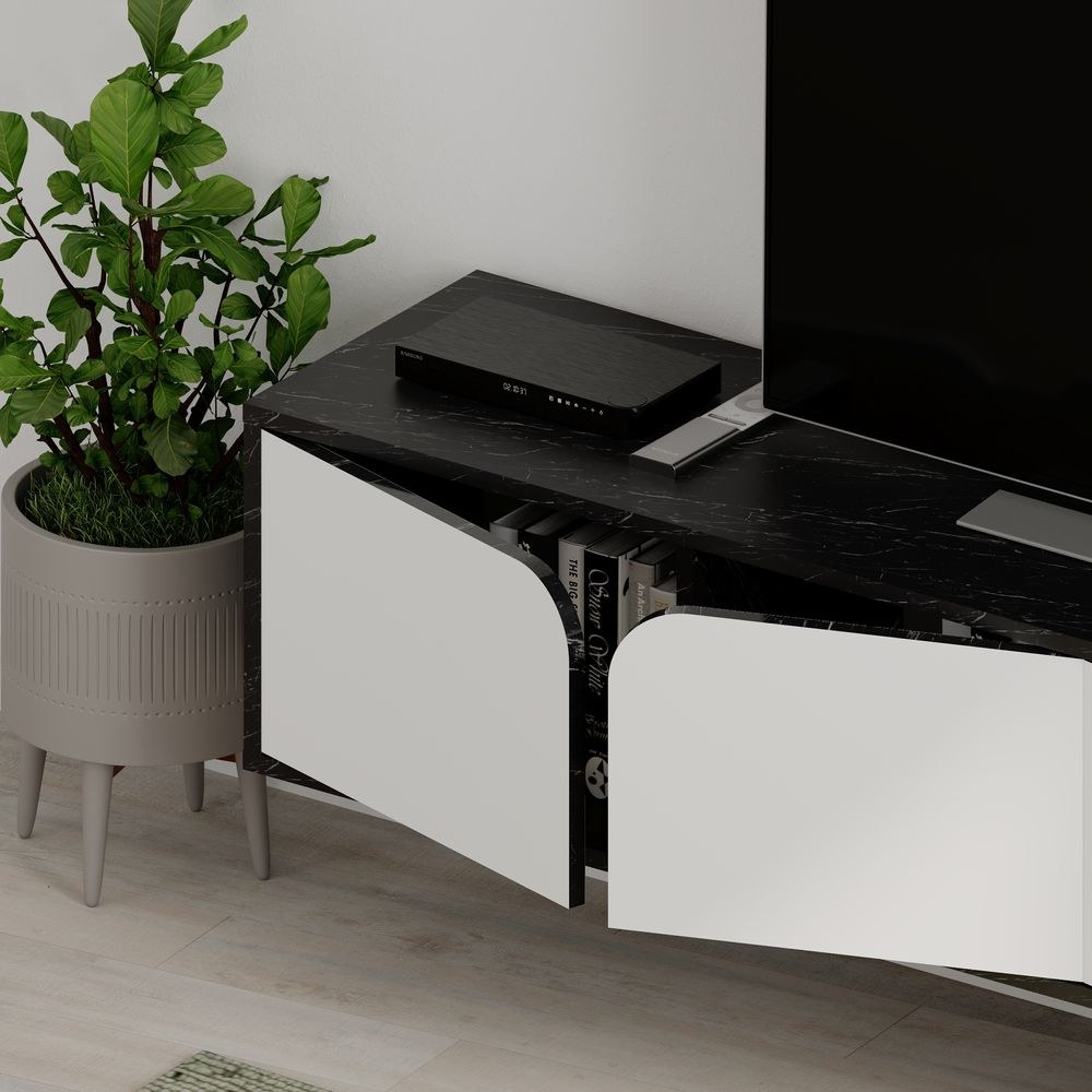 Mourah Spark Tv Stand Up To 70 Inches With Storage - Black Marble/White - 2 Years Warranty - Image 2