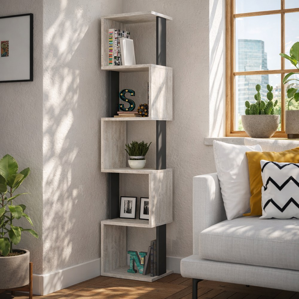 Mourah Piri Corner Bookcase - Ancient White/Dark Grey - 2 Years Warranty