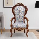 Emboss Design Hand Carved Teak Wood Elegant Upholstery Golden Leaf Armrest Chair ( Set of 2 )