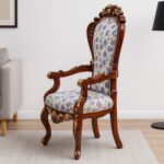 Emboss Design Hand Carved Teak Wood Elegant Upholstery Golden Leaf Armrest Chair ( Set of 2 )