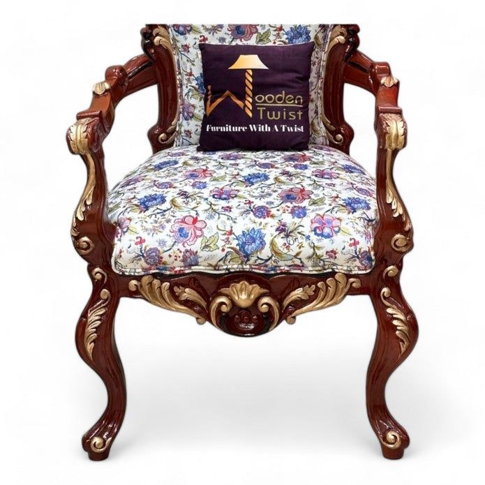 Emboss Design Hand Carved Teak Wood Elegant Upholstery Golden Leaf Armrest Chair ( Set of 2 ) - Image 4