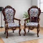 Emboss Design Hand Carved Teak Wood Elegant Upholstery Golden Leaf Armrest Chair ( Set of 2 )