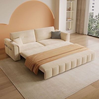 Sofa Bed, Pull-out Sofa Come Bed with Storage Box Side Pockets USB Port - 240 cm Outside - Off White - Image 2