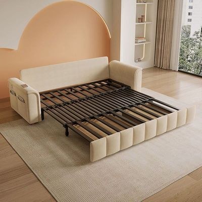 Sofa Bed, Pull-out Sofa Come Bed with Storage Box Side Pockets USB Port - 240 cm Outside - Off White - Image 3
