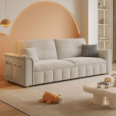 Sofa Bed, Pull-out Sofa Come Bed with Storage Box Side Pockets USB Port - 180 cm Outside - Light Gray