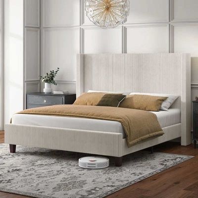 Delfina Corduroy Upholstered Bed Queen 160 x 200-Cream-Elegant Upholstered Bed with Wingback-Modern Design with Padded Headboard-Sturdy Base-Corduroy Upholstered Finish-Ideal for Bedrooms & Villas