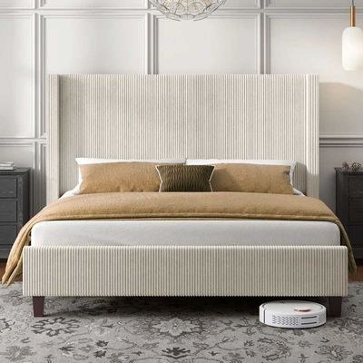 Delfina Corduroy Upholstered Bed Queen 160 x 200-Cream-Elegant Upholstered Bed with Wingback-Modern Design with Padded Headboard-Sturdy Base-Corduroy Upholstered Finish-Ideal for Bedrooms & Villas - Image 2