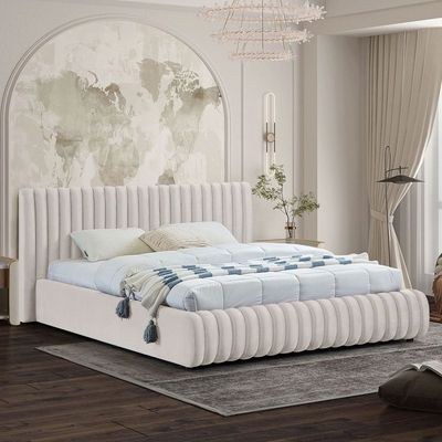 Nico Velvet Bed Medium 120 x 200-Cream-Elegant Upholstered Bed with Channel Tufted-Modern Design with Padded Headboard-Sturdy Base-Soft Fabric Finish-Ideal for Bedrooms & Villas - Image 3