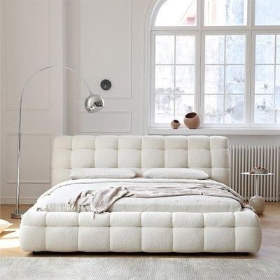 Celine Modern Boucle Bed Queen 160 x 200-White -Elegant Upholstered Bed with Tufted-Modern Design with Padded Headboard-Sturdy Base-Boucle Fabric Finish-Ideal for Bedrooms & Villas