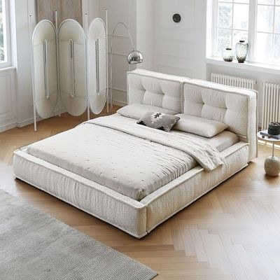 Georgina Fabric BedKing 180 x 200-White-Elegant Upholstered Bed with Tufted--Modern Design with Padded Headboard-Sturdy Base-Boucle Fabric Finish-Ideal for Bedrooms & Villas