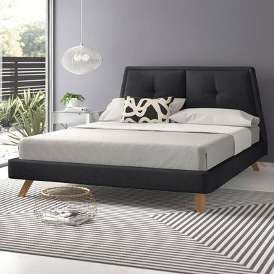 Gaillard Upholstered Platform Bed Super King 200 x 200-Black -Elegant Upholstered Bed with Trapezoidal shapes-Modern Design with Padded Headboard-Sturdy Base-Soft Fabric Finish-Ideal for Bedrooms & Villas