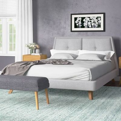 Gaillard Upholstered Platform Bed King 180 x 200-Grey-Elegant Upholstered Bed with Trapezoidal shapes-Modern Design with Padded Headboard-Sturdy Base-Soft Fabric Finish-Ideal for Bedrooms & Villas - Image 2