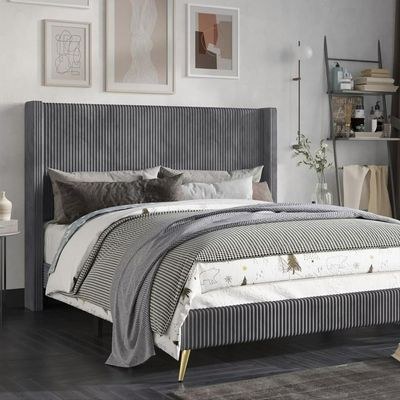 Chester Upholstered Platform Bed Medium 120 x 200-Grey-Elegant Upholstered Bed withclassic wingback-Modern Design with Padded Headboard-Sturdy Base-Soft Fabric Finish-Ideal for Bedrooms & Villas - Image 3