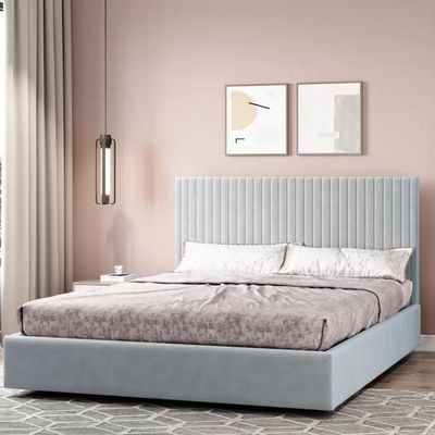 Etta Striped Upholstery Bed Single 100 x 200-Light Grey-Elegant Upholstered Bed with Channel Tufted-Modern Design with Padded Headboard-Sturdy Base-Soft Fabric Finish-Ideal for Bedrooms & Villas