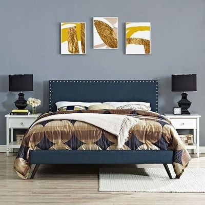 Lyka Fabric Platform Bed Queen 160 x 200-Blue-Elegant Upholstered Bed-Modern Design with Padded Headboard-Sturdy Base-Soft Fabric Finish-Ideal for Bedrooms & Villas
