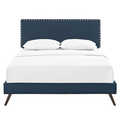 Lyka Fabric Platform Bed Queen 160 x 200-Blue-Elegant Upholstered Bed-Modern Design with Padded Headboard-Sturdy Base-Soft Fabric Finish-Ideal for Bedrooms & Villas - Image 4