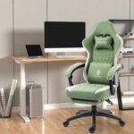 Dowinx Gaming Chair PC Chair with Massage Lumbar Support, Racing Style PU Leather High Back Adjustable Swivel Task Chair with Footrest Support, Green